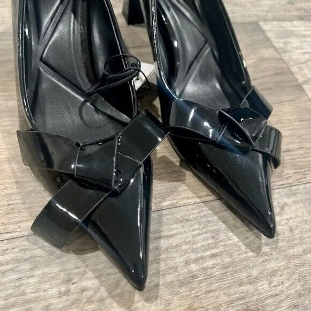 ZARA Black Patent Bow Pumps Pointed Toe Block Heel Office Shoes NWT 6.5